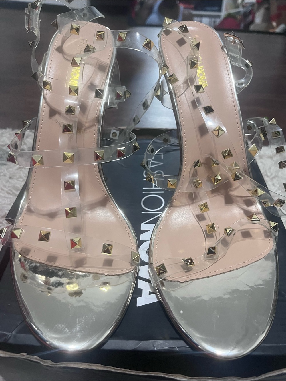 Fashion Nova Clear PVC Sandals with Gold Studs and Nude Footbed